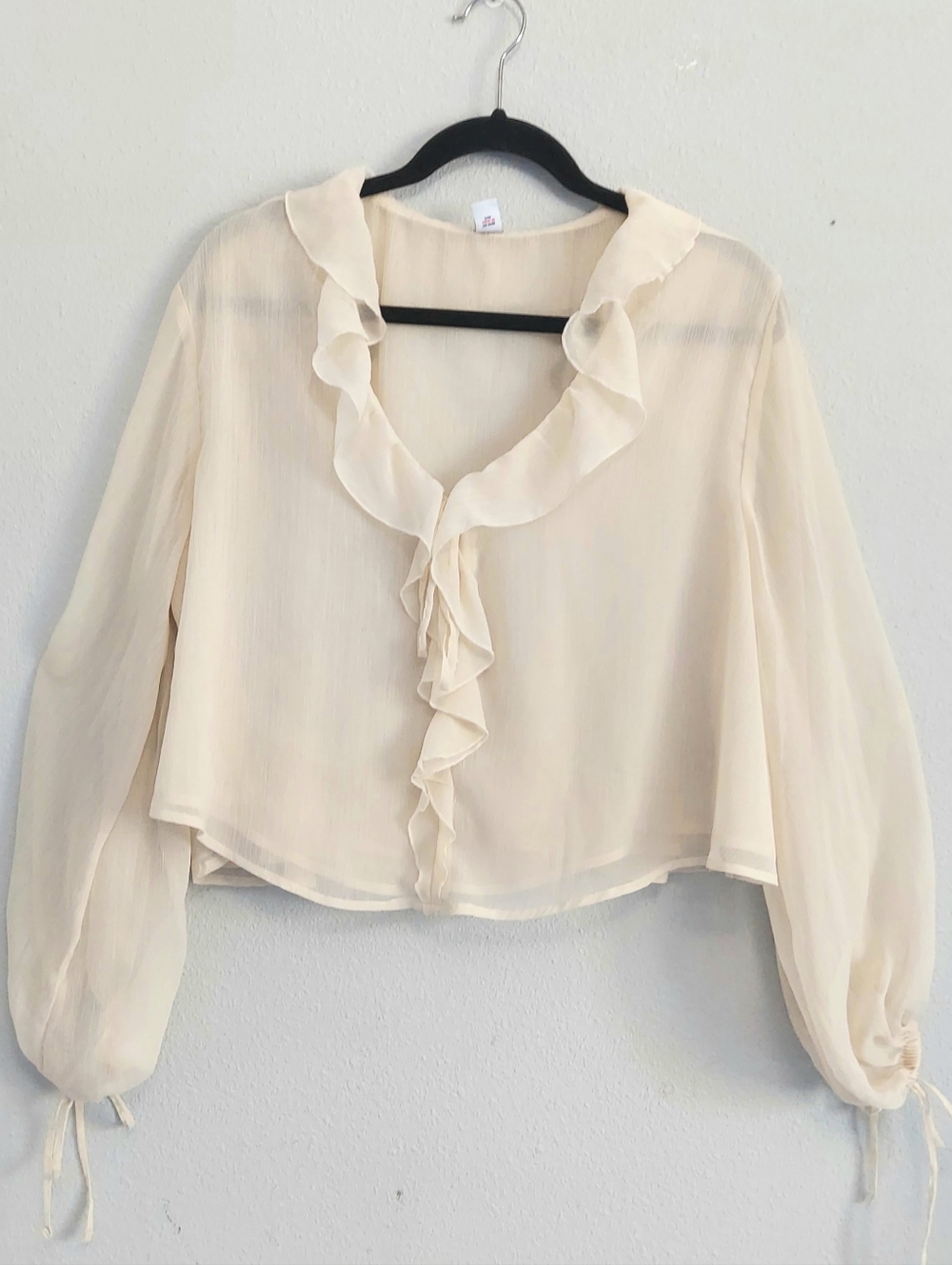 Old Navy Sheer Ruffled Long Puffy Sleeve Cream Blouse Medium